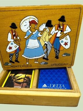 Painted Montevideo Uruguay Wooden Game Box w/2 complete card decks